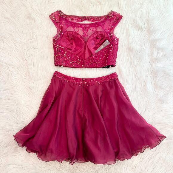 Hannah S 27093 Beaded Two Piece Prom Dress Sparkle Homecoming Skirt Set, Pink - Picture 8 of 11